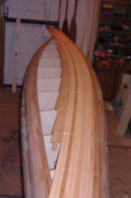 Seakayak Caribou topview applying and glueing of the woodstrips